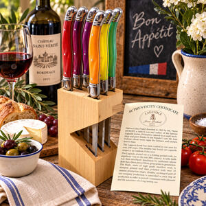 Laguiole Jean Dubost Rainbow Steak Knives Set 6 France Wood Block Certificate